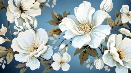 A serene white flower background with elegant illustrations of orchids and gardenias on a soft blue...