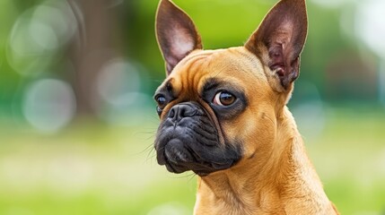 Fototapeta premium A close-up of a dog's face with a blurred background of grass and trees is not an inherently blurry image, despite the background being blurred The focus remains on