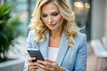 Fototapeta premium A blonde businesswoman with curly hair. She is dressed in a casual blue jacket. In the hands of a smartphone. A businesswoman looks at her mobile phone.