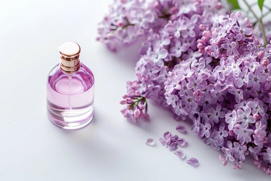 A bottle of light lilac perfume surrounded by lilac flowers on a white background
