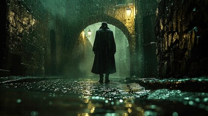 A dark and mysterious figure stands in a dimly lit alleyway
