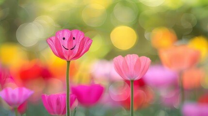  A pink bloom with a smiley face drawn on, situated amidst a vibrant field of multicolored tulips Background softly blurred
