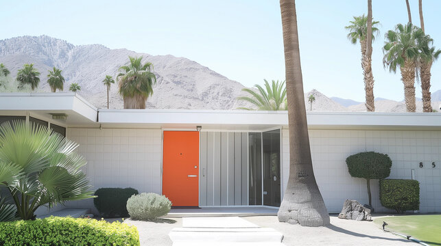 Retro MCM architecture of Palm Springs white house orange bold front entrance door midcentury modern 50s  summer desert real estate beach home suburban landscape palm trees agave cactus garden 
