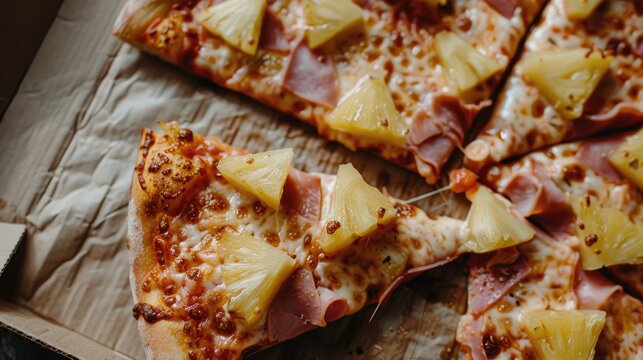 Slice of pizza topped with pineapple and ham