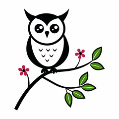 Vector branch flower owl line art illustration