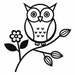 Vector branch flower owl line art illustration