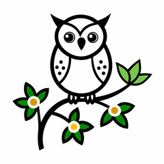 Vector branch flower owl line art illustration