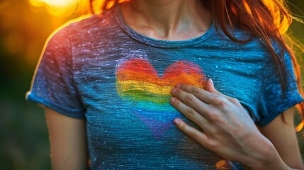 A close-up shot of a person wearing a T-shirt with a colorful rainbow heart their hand placed over their heart showing support and awareness for LGBTQ rights and equality