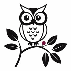 Vector branch flower owl line art illustration