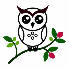 Vector branch flower owl line art illustration