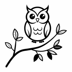 Vector branch flower owl line art illustration
