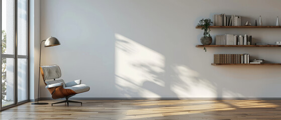 Modern living room interior with white empty wall mockup, wooden floor, book shelf, armchair, and window, minimalist style for home decor, 3D rendering