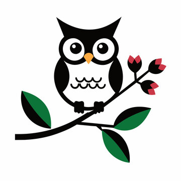 recommend clip art: Vector branch flower owl line art illustration