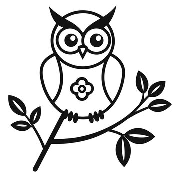 recommend clip art: Vector branch flower owl line art illustration