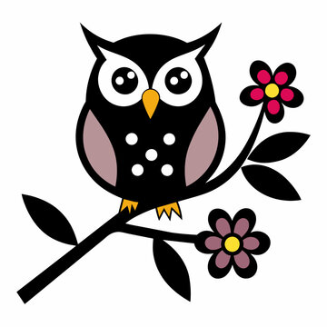 recommend clip art: Vector branch flower owl line art illustration