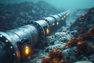 Submarine fiber optic cable on ocean floor. 3d visualization.