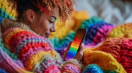 A person looking at a smartphone reading positive messages and quotes about LGBTQ rights and acceptance illustrating the power of social media in spreading awareness and fostering