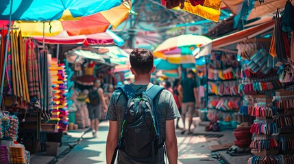 Fototapeta premium A tourist exploring a colorful street market in a foreign city.