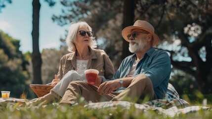 Peaceful ageless couple having a picnic