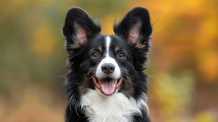 Fototapeta premium A black and white dog with its mouth wide open and tongue hanging out