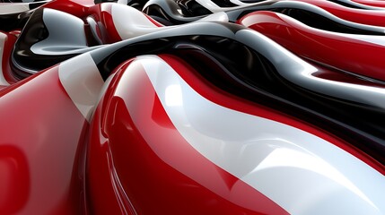 3D rendering of a red, white, and black abstract wave pattern. The image has a glossy, reflective surface and a seamless repeating pattern.