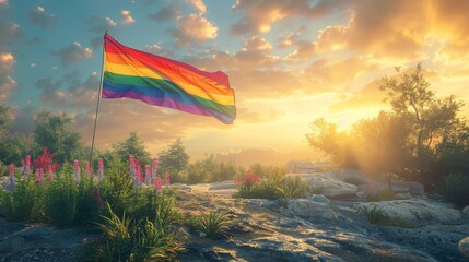A rainbow flag waving gently in the wind symbolizing pride and inclusivity against a backdrop of a peaceful serene landscape