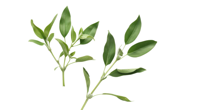 Close up of two vibrant green leaves against a plain white backdrop, showcasing detailed veins and texture