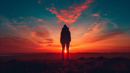 Fototapeta premium A silhouette of a person standing tall against a sunset sky embodying the spirit of resilience and hope