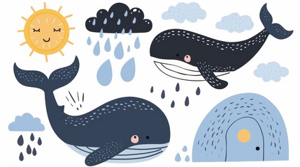 Fototapeta premium Cute cartoon sea life image with whales, sun, and clouds