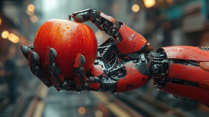 Futuristic Robotic Hand Holding Vibrant Red Apple in High-Tech Environment