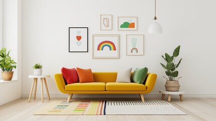 Inclusive Scandinavian Pride: Modern Living Room with Curved Loveseat Sofa, LGBTQ Symbols, and Rainbow Accent Against White Wall