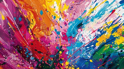 Vivid splashes of color leap across the canvas, mingling with textured layers to form a mesmerizing tapestry of abstract expression and playful joy