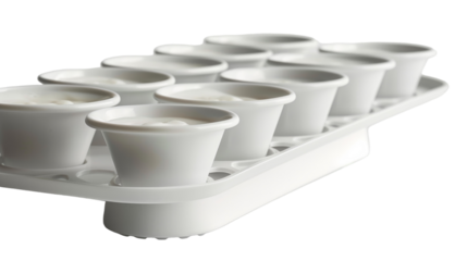 A white tray holding eight cups in an organized manner