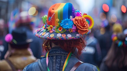 Pride visibility awareness symbolized by a rainbow-colored megaphone held high by a person in a crowd amplifying LGBTQ rights messages