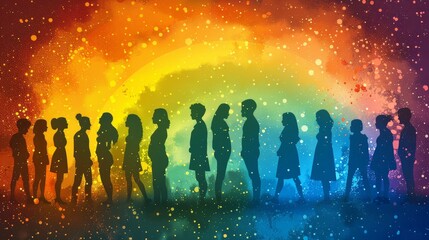 Silhouettes of people of various ethnicities and orientations standing together under a rainbow arch symbolizing inclusivity unity and equality