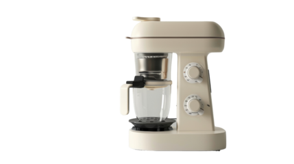 A white coffee maker is placed on top of a counter in a kitchen setting