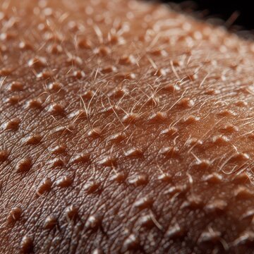 Detailed close-up of goosebumps on a human leg, emphasizing the skin's texture and the tiny hair follicles, under natural lighting