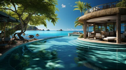 A pool background with an inviting swim-up bar, tropical cocktails, and a view of the ocean, perfect for promoting luxury beachside resorts and vacations.