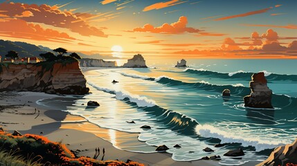 A vibrant California beach background featuring a surf competition, with surfers riding waves, colorful surfboards lined up on the sand, and a cheering crowd.