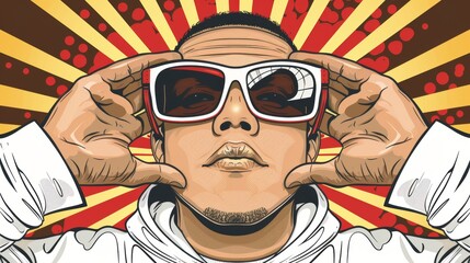 Cool young adult in white sunglasses with retro pop art background