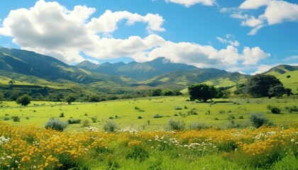 Fototapeta premium A stunning spring day landscaping views of fertile land surrounded beautiful green vegetation, wide stretches of hills and mountains with clear skies in spring