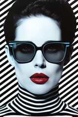 Fashionable female model with sunglasses and striped background