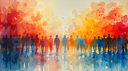 Crowd of people panorama abstract watercolor,
A watercolor painting of people walking in the water
