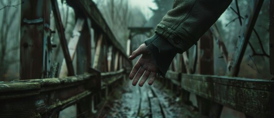 Goosebumps on a persons arm as they stand in an old, creaking wooden bridge,