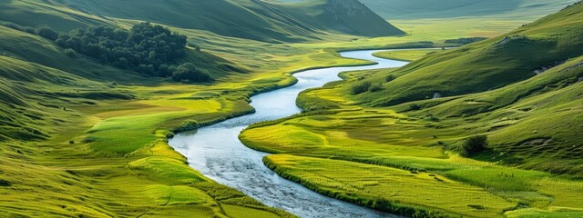 A river winding through a green valley, illustrating the importance of freshwater ecosystems.