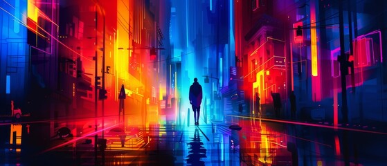 A vibrant cityscape with abstract light effects, with a lone figure standing in the middle of the street, paralyzed with fear as shadowy figures close in,
