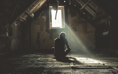 A person with goosebumps sitting alone in an abandoned, dusty attic,