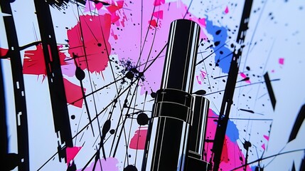  A tight shot of a wall clock, adorned with paint splatters and contrasting black and pink motifs on its exterior and rim