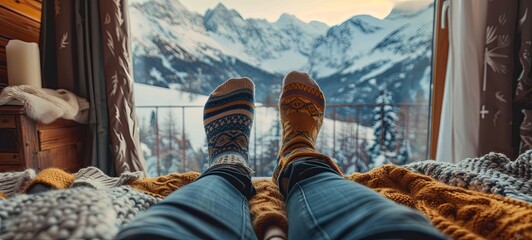 A couple in love in knitted warm socks lies in a soft cozy bedroom overlooking the snow-capped mountains in winter. only legs.  - Powered by Adobe