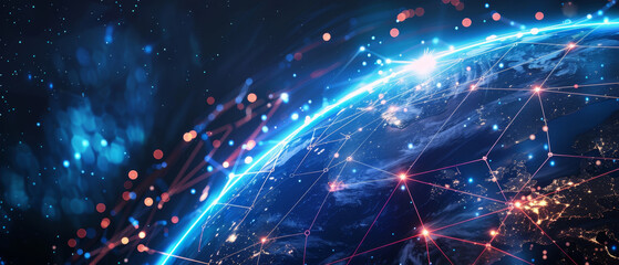 Earth globe surrounded by bright connection lines, representing digital data transfer, , real photo, photography